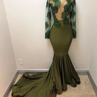 Olive Green See Through Mermaid Prom Dresses Long Sleeve Mermaid Evening Dress Appliques Beaded High Neck Party Gowns,346 - Thumbnail 1