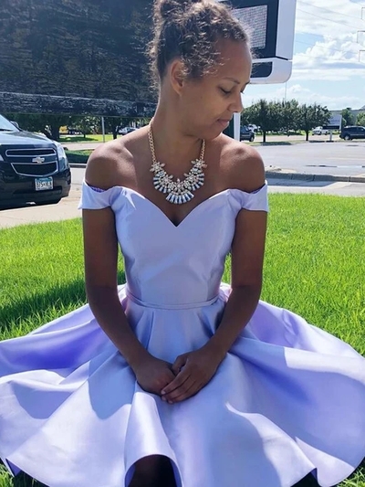 Off The Shoulder Satin Homecoming Dress A Line Cheap Short Prom Drsess