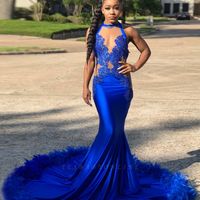 African Feather Prom Dresses 2021,Royal Blue Mermaid Evening Dress,Lace Appliques Sexy Sheer Neck Black Girl Party Gowns,347 - Thumbnail 1