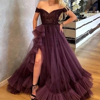 Off The Shoulder Tulle Prom Dress Beading Long Custom Evening Dress - Thumbnail 1
