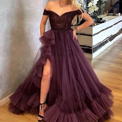 Off the shoulder tulle prom dress beading long custom evening dress - Thumbnail 4