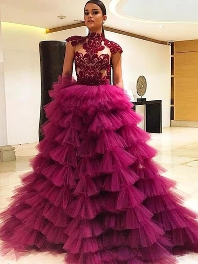 Ball Gown Tulle Prom Dress Vintage High Neck Evening Dress