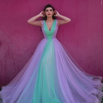 Chic v neck tulle prom dress cheap sleeveless evening dress - Thumbnail 4