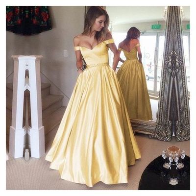 Yellow Satin Off Shoulder Prom Dresses Crystal Beaded Party Dress 2021 Long A Line Party Gowns,349