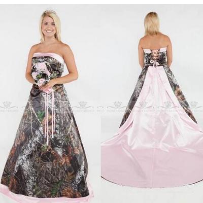 Glamorous 2021 camo a line wedding dresses plus size formal pink satin court train bridal gowns strapless sexy lace-up back wedding gowns,350 - Thumbnail 3