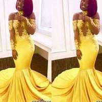 Yellow Lace Long Sleeves Prom Dresses For Black Girls 2021 Appliques Mermaid Evening Dress African Style Sheer Neck Plus Size Party Gowns,353 - Thumbnail 2