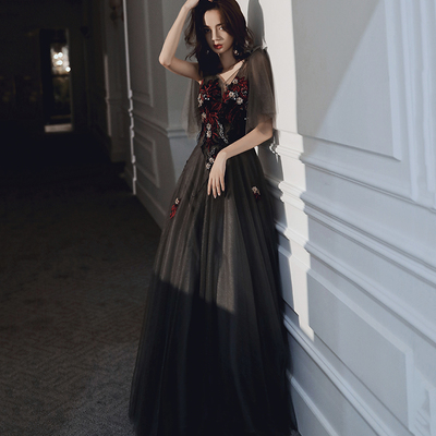 Black lace long prom dress black evening dress - Thumbnail 4