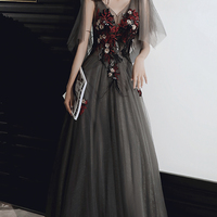 Black lace long prom dress black evening dress - Thumbnail 1