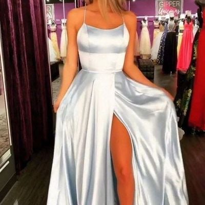 A line scoop neck straps satin long prom dresses with split - Thumbnail 2