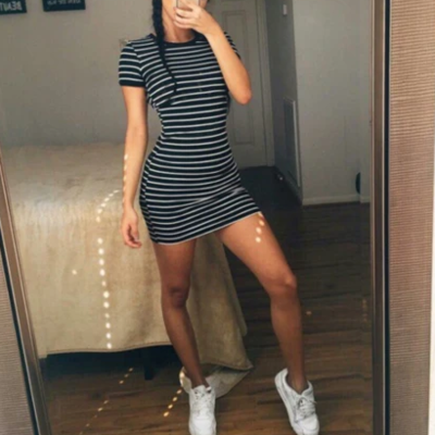 Striped round neck short-sleeved dress - Thumbnail 5