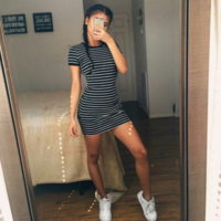 Striped Round Neck Short-Sleeved Dress - Thumbnail 1