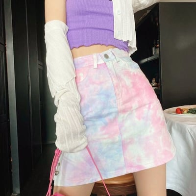 High waist gradient pastel color block denim split skirt - Thumbnail 3