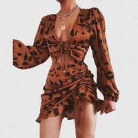 Print Leopard Deep V Long Sleeve Dress - Thumbnail 1