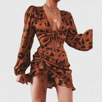 Print leopard deep v long sleeve dress - Thumbnail 5