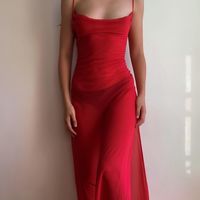 Simple Sheath Spaghetti Straps Red Long Party Dress - Thumbnail 1