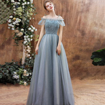 Shiny tulle beads long prom dress blue evening dress - Thumbnail 2