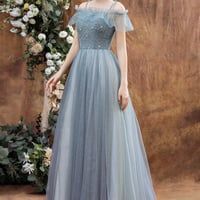 Shiny tulle beads long prom dress blue evening dress - Thumbnail 1