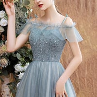 Shiny tulle beads long prom dress blue evening dress - Thumbnail 2