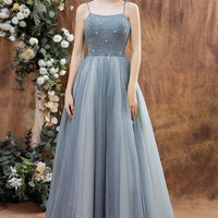 Shiny tulle beads long prom dress blue evening dress - Thumbnail 3