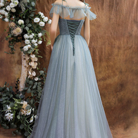 Shiny tulle beads long prom dress blue evening dress - Thumbnail 6