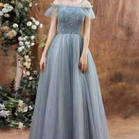 Shiny tulle beads long prom dress blue evening dress - Thumbnail 8