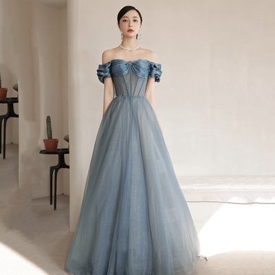 Blue tulle long a line prom dress off shoulder evening dress - Thumbnail 4
