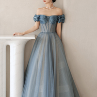 Blue tulle long A line prom dress off shoulder evening dress - Thumbnail 1