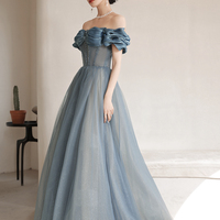 Blue tulle long A line prom dress off shoulder evening dress - Thumbnail 2