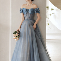 Blue tulle long A line prom dress off shoulder evening dress - Thumbnail 3