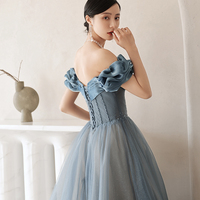 Blue tulle long A line prom dress off shoulder evening dress - Thumbnail 4