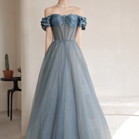 Blue tulle long A line prom dress off shoulder evening dress - Thumbnail 7