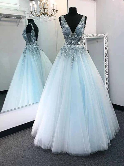 V Neck Tulle A Line Beading Prom Dress Sleeveless Custom Evening Dress 