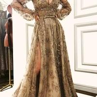 Lace Long Sleeve V Neck Prom Dress Vintage Custom Evening Dress - Thumbnail 1