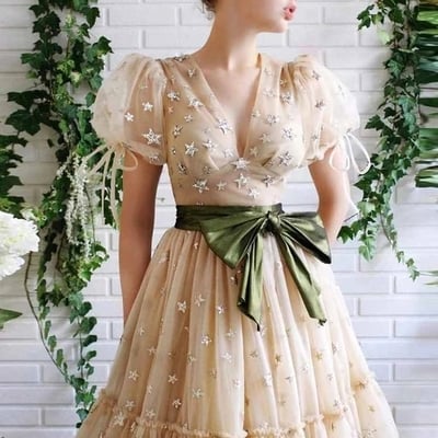 A line v neck tulle prom dress long custom evening dress with sleeve
