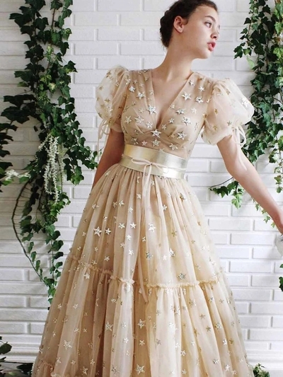 A Line V Neck Tulle Prom Dress Long Custom Evening Dress With Sleeve 