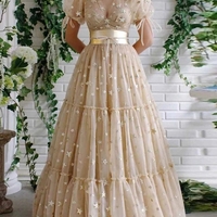 A Line V Neck Tulle Prom Dress Long Custom Evening Dress With Sleeve  - Thumbnail 2