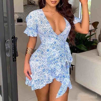 Blue ruffled short sleeve print dress - Thumbnail 3