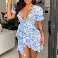 Blue Ruffled Short Sleeve Print Dress - Thumbnail 1