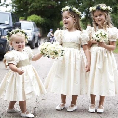 Vintage juliet sleeves tea length round neck satin flower girl dresses, little dresses,926