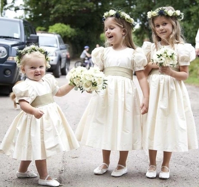 Vintage Juliet Sleeves Tea Length Round Neck Satin Flower Girl Dresses, Little Dresses,926
