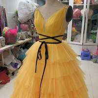 Yellow Pleat Spaghetti straps Backless Prom Dress, Tiered Tulle Evening Party Gowns,929 - Thumbnail 1