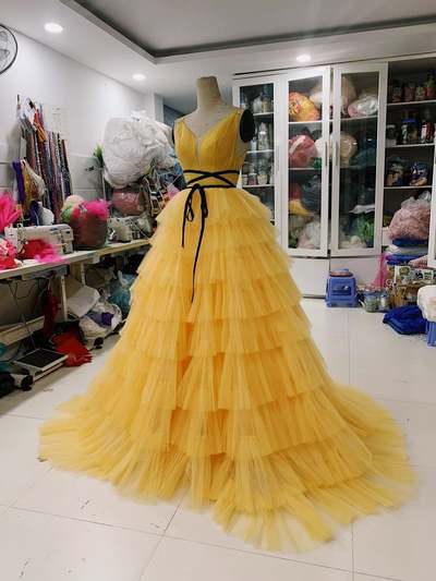 Yellow Pleat Spaghetti straps Backless Prom Dress, Tiered Tulle Evening Party Gowns,929