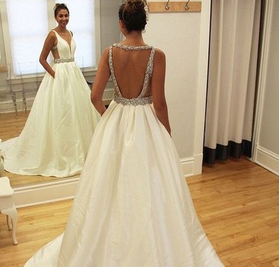 White V neck Ball Gown Wedding Dress, Backless Crystal Satin Wedding Dresses,932