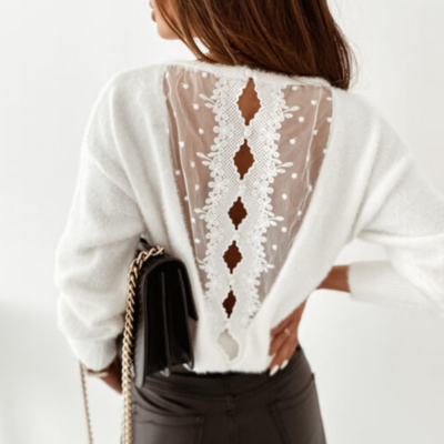 Lace spliting open back long sleeve sweater - Thumbnail 4