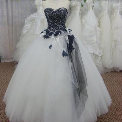 White and black sleeveless lace wedding dress, off the shoulder appliques ball gown wedding dresses,358 - Thumbnail 5