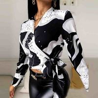 Print V-Neck Long-Sleeved Shirt Top - Thumbnail 1