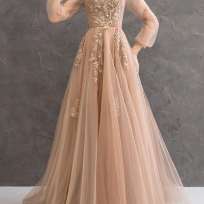 Beautiful a line off shoulder light champagne prom/evening dress appliques,360 - Thumbnail 4