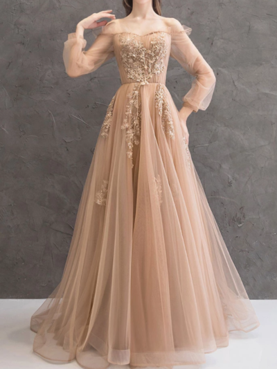 Beautiful A Line Off Shoulder Light Champagne Prom/Evening Dress Appliques,360