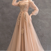 Beautiful A Line Off Shoulder Light Champagne Prom/Evening Dress Appliques,360 - Thumbnail 1
