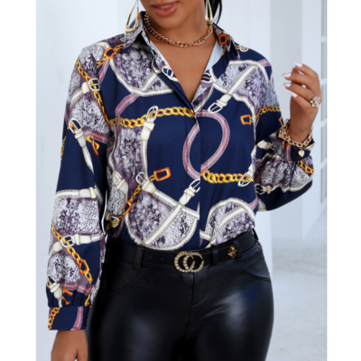 Buttoned long sleeve printed v-neck shirt